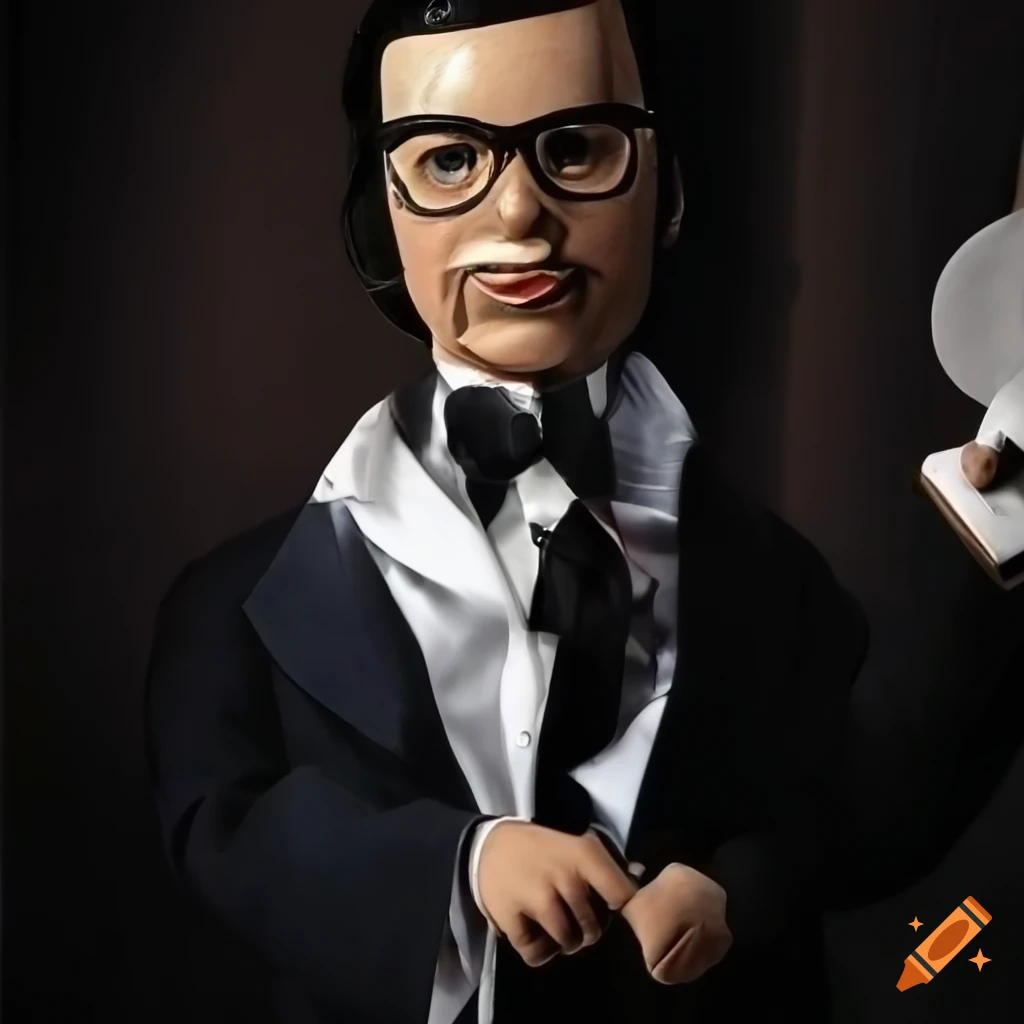 Ventriloquist dummy resembling Rep. Mike Johnson studying pictures on a mobile phone