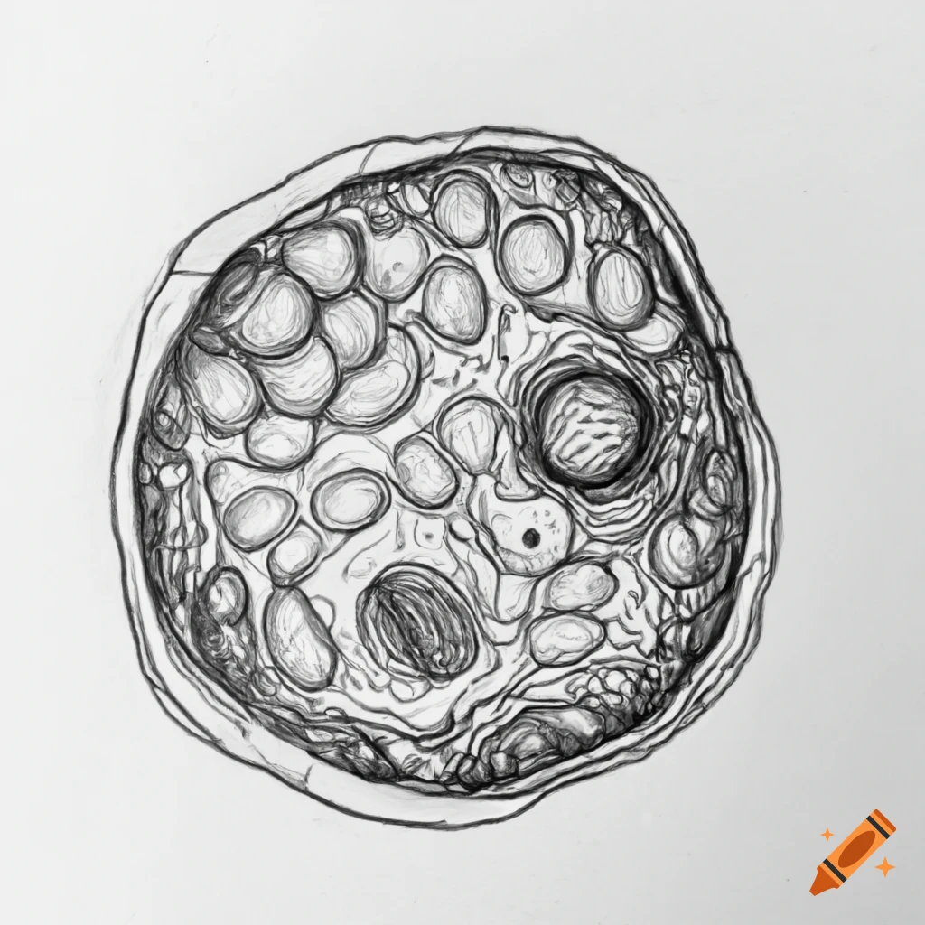 Biological cell diagram with nucleus, mitochondria, and organelles in black and white
