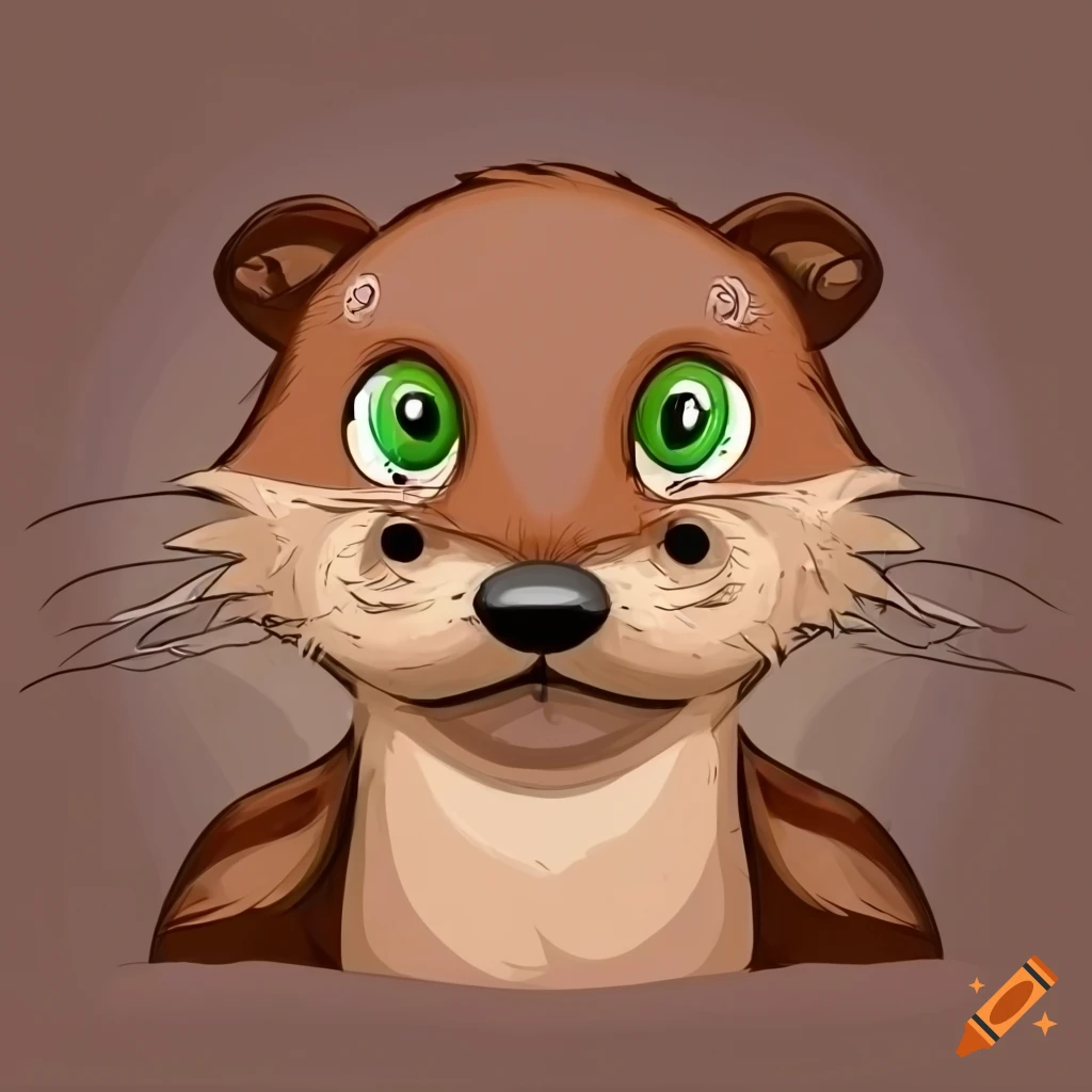 Cartoon style anthropomorphic otter with green eyes and tuft of hair on chest