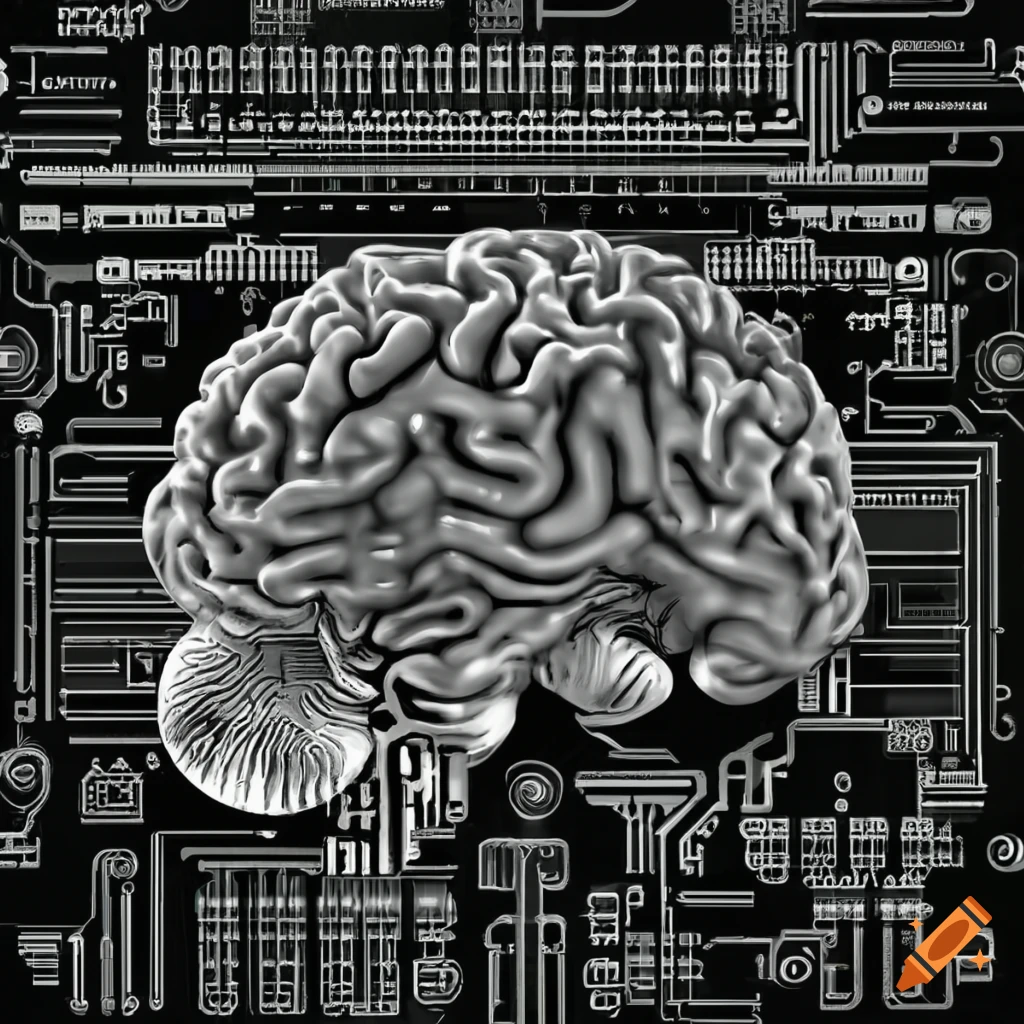 Brain circuit board illustrated in black and white labyrinth on Craiyon