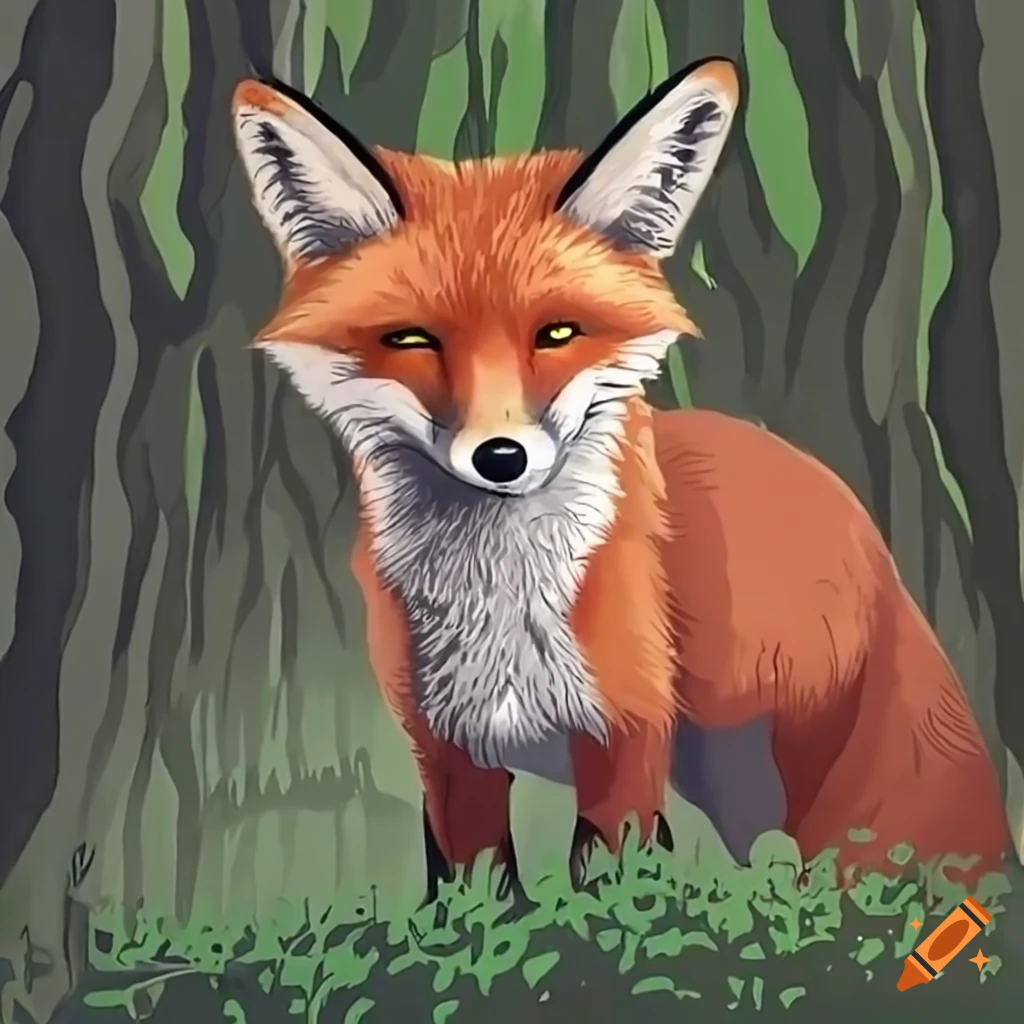 Fox in a colorful forest drawn in crayon style