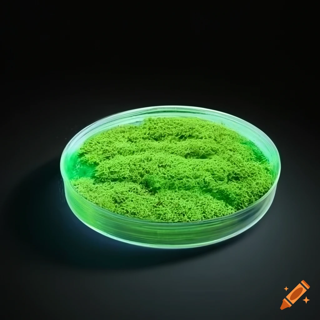 Puffy green moss in a petri dish under bright light on black background