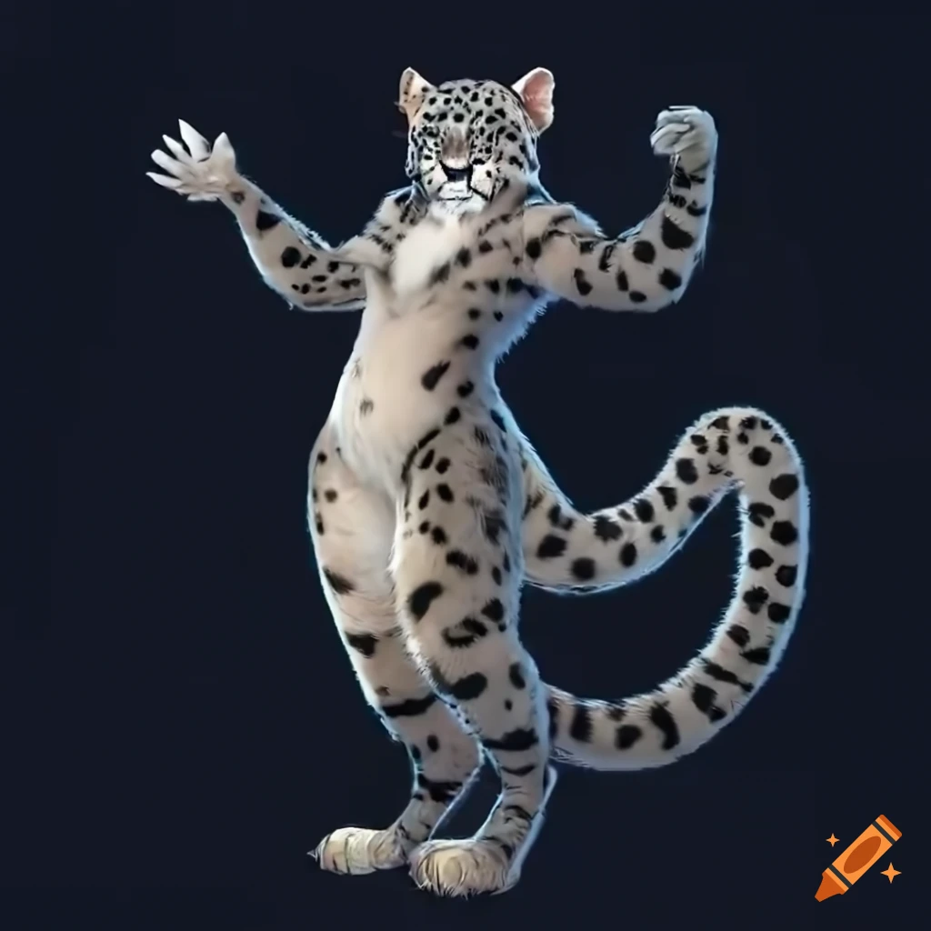 Anthropomorphic female snow leopard with blue eyes in Rain Worlds art style