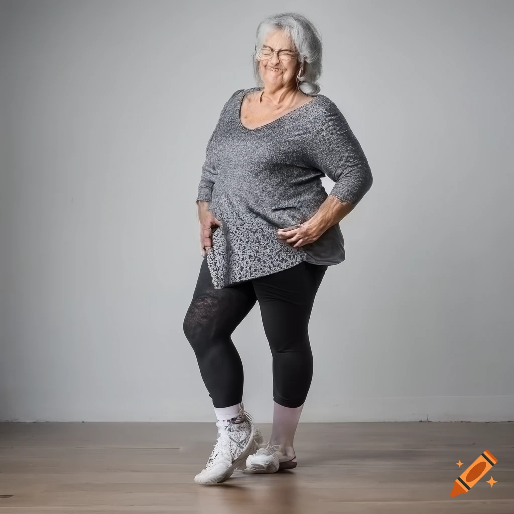 Curvy elderly woman in gray leggings and white socks on Craiyon