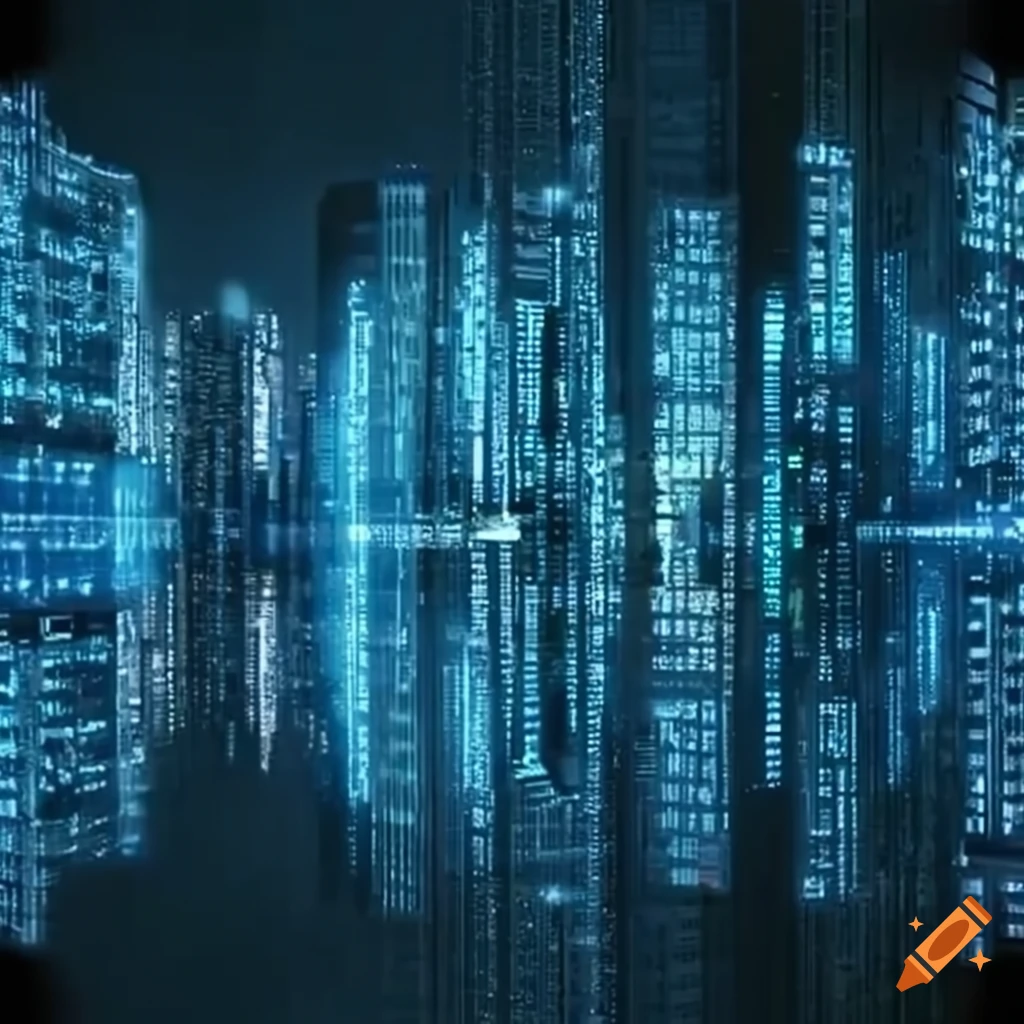Skyscrapers in a matrix of blue binary codes on Craiyon