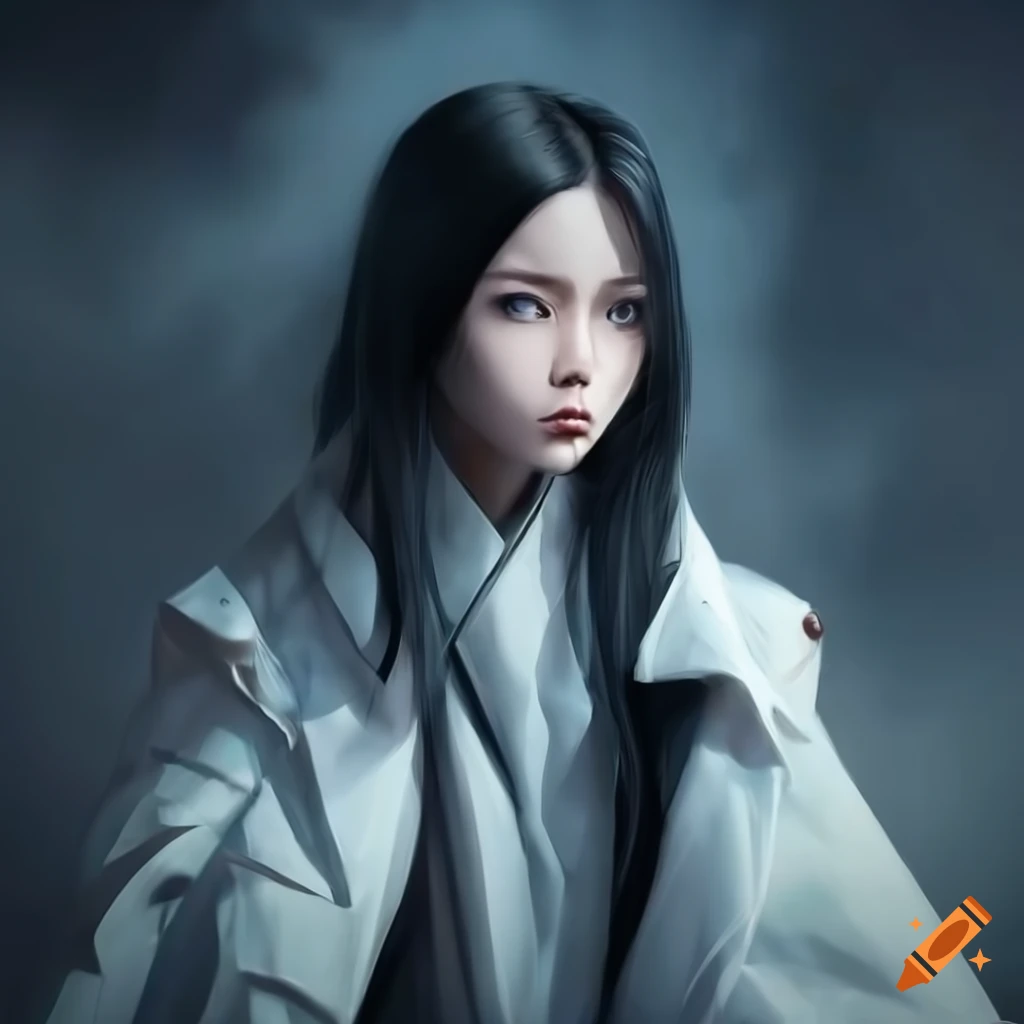 Futuristic Asian Russian Female Detective In A White Trenchcoat With Grey Eyes Black Hair And 