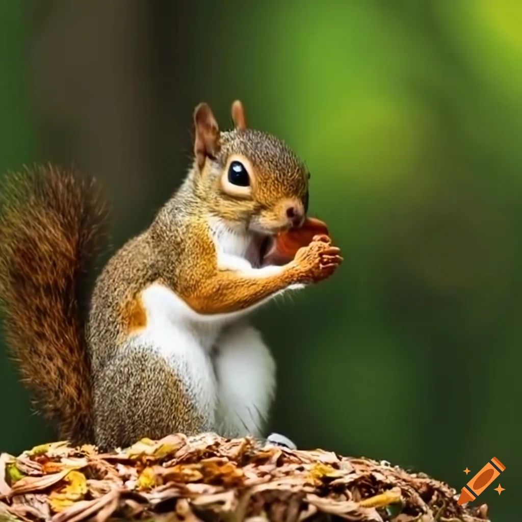Squirrel eating peanut in jungle