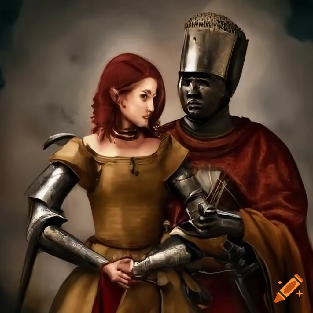 Chivalrous exchange between African knight and maiden in medieval courtyard