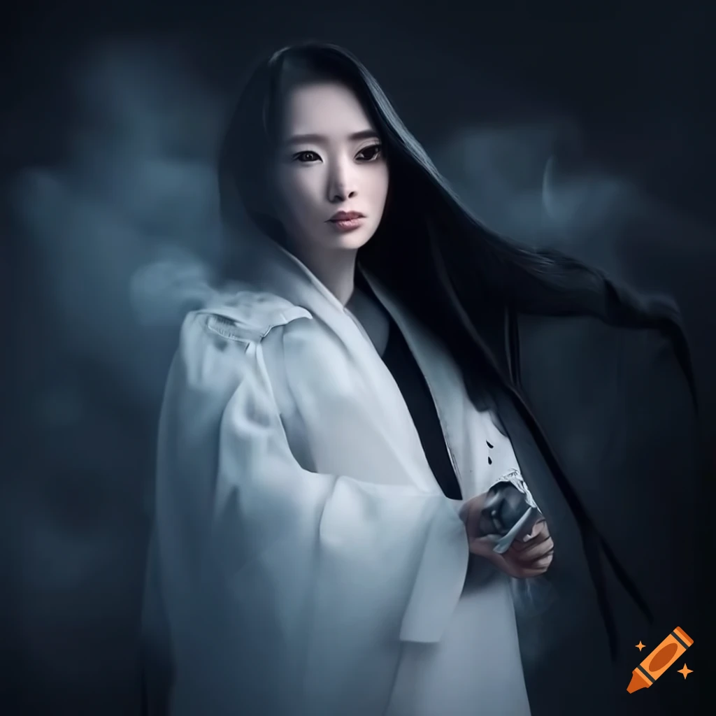 Asian Russian Female Detective In Futuristic Trenchcoat Surrounded By White Smoke On Craiyon 