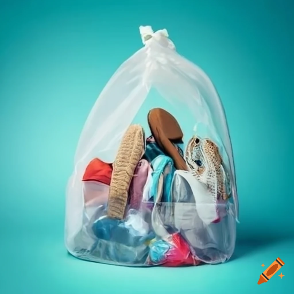 Clear trash bag filled with clothes and shoes on craiyon