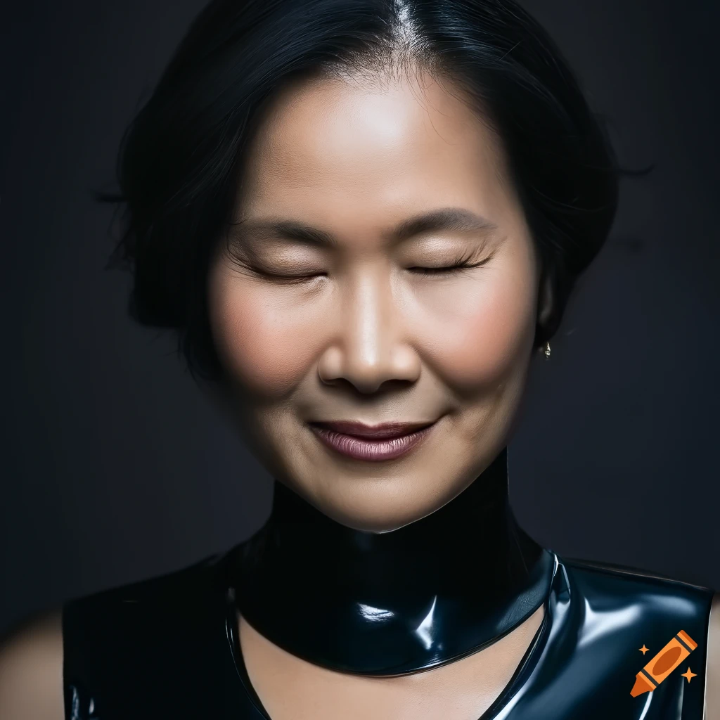 Portrait of a smiling 60-year-old Asian woman with closed eyes in black latex top and dramatic lighting