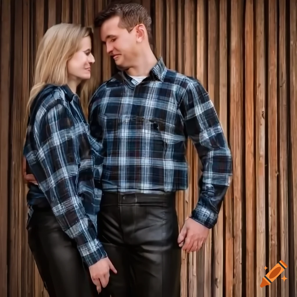 English couple in plaid shirt and leather trousers hugging under a barn door