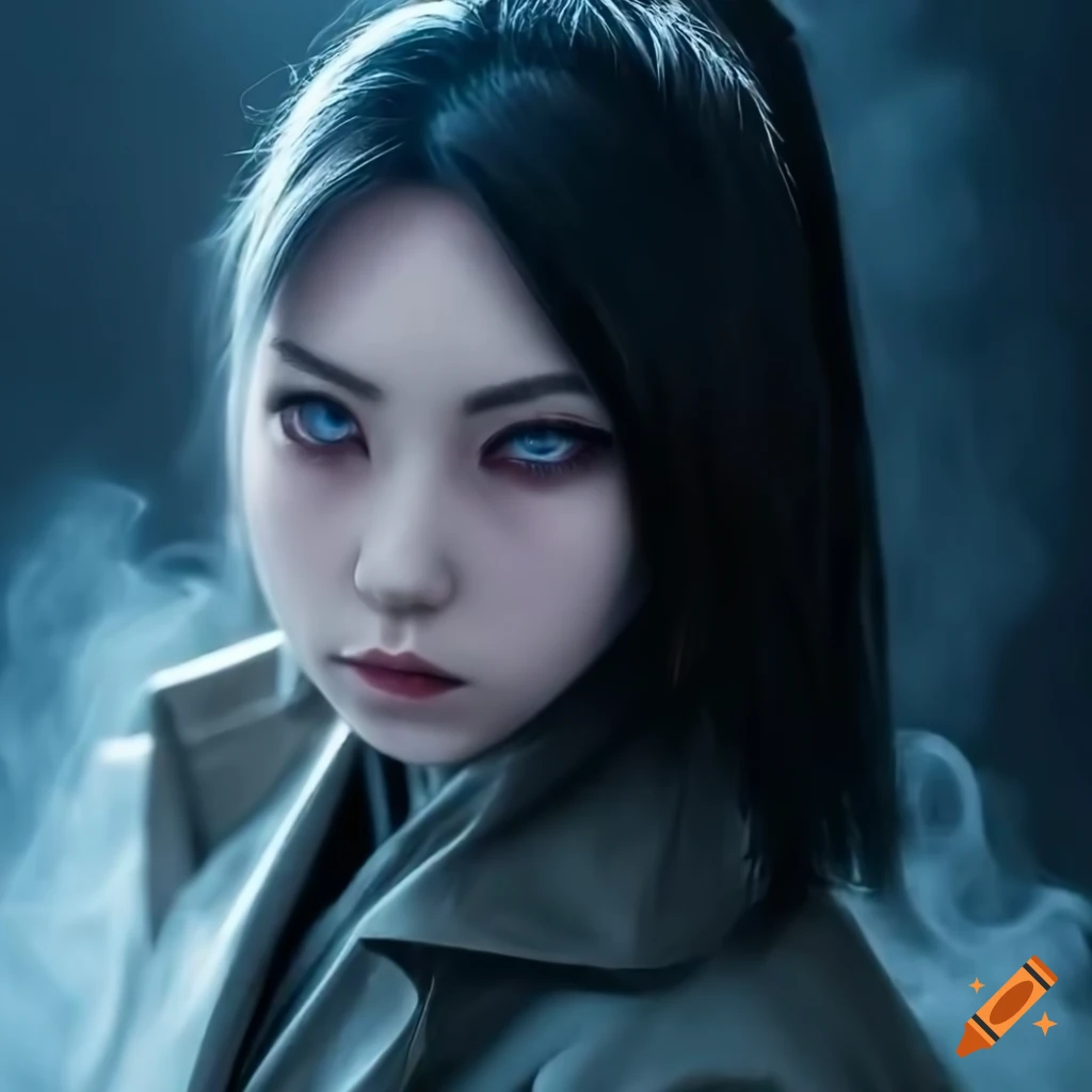 Futuristic Asian Russian Female Detective In A White Trenchcoat With Grey Eyes Black Hair And 