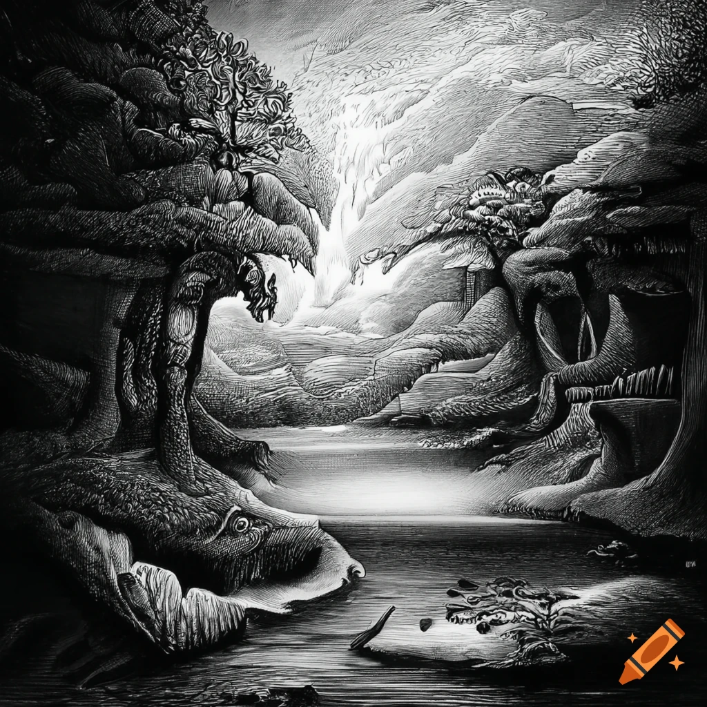 Surreal black and white pencil sketch with Escher-style river bubbles ...