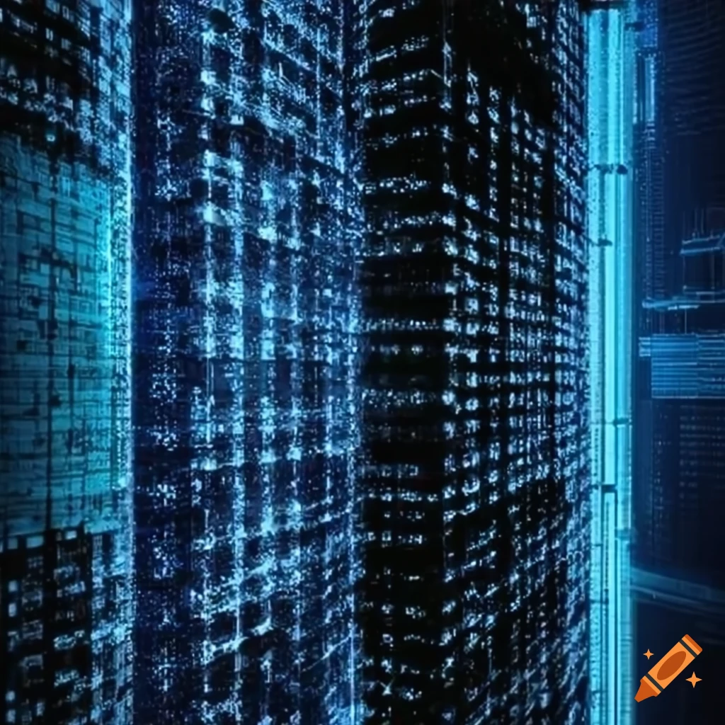 Skyscrapers depicted in blue binary codes on Craiyon