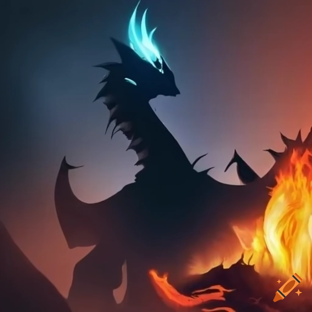 Silhouette surrounded by flames with a dragon in the background