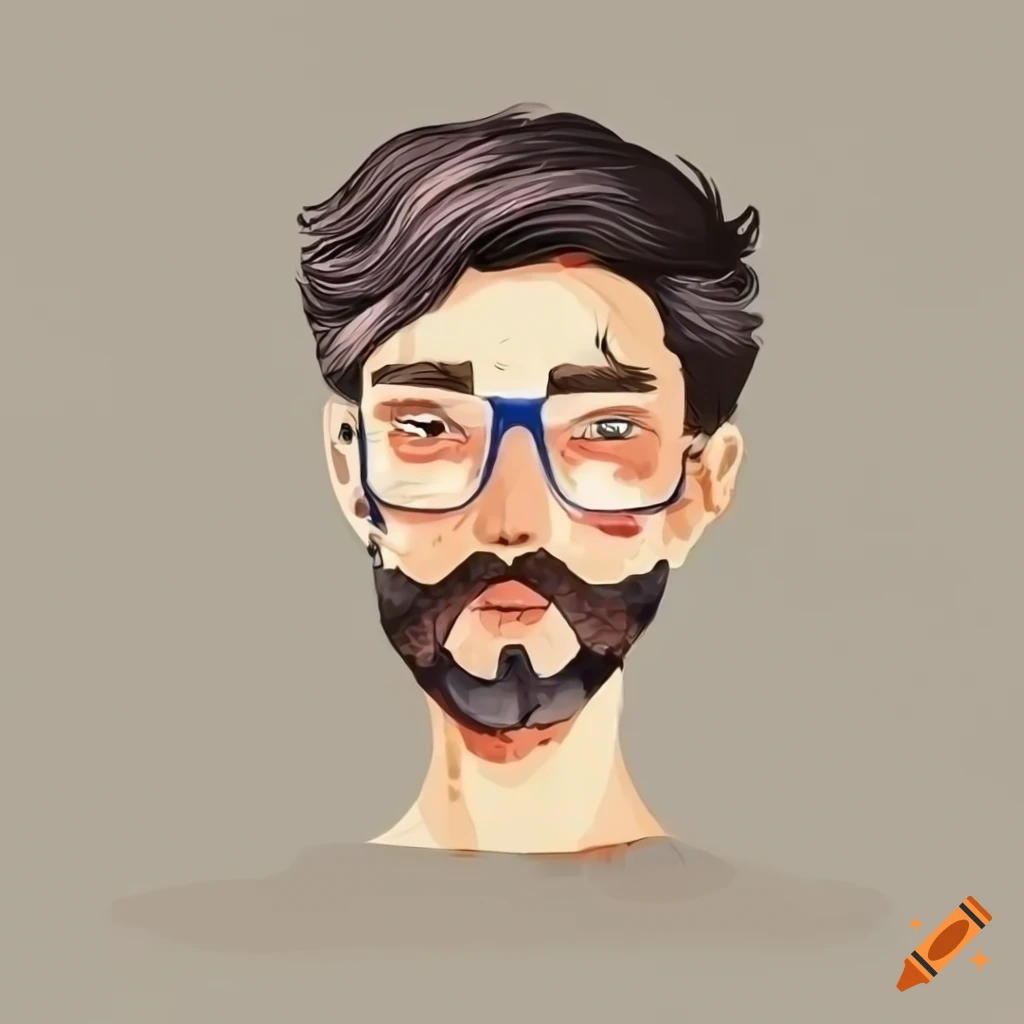 Cartoon male character with short dark hair, square glasses, and a big beard
