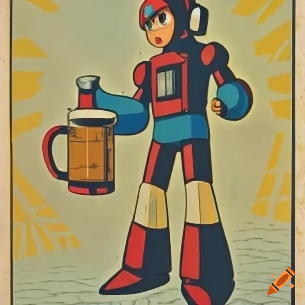 Vintage style poster of Iris from Mega Man with beer in a city setting