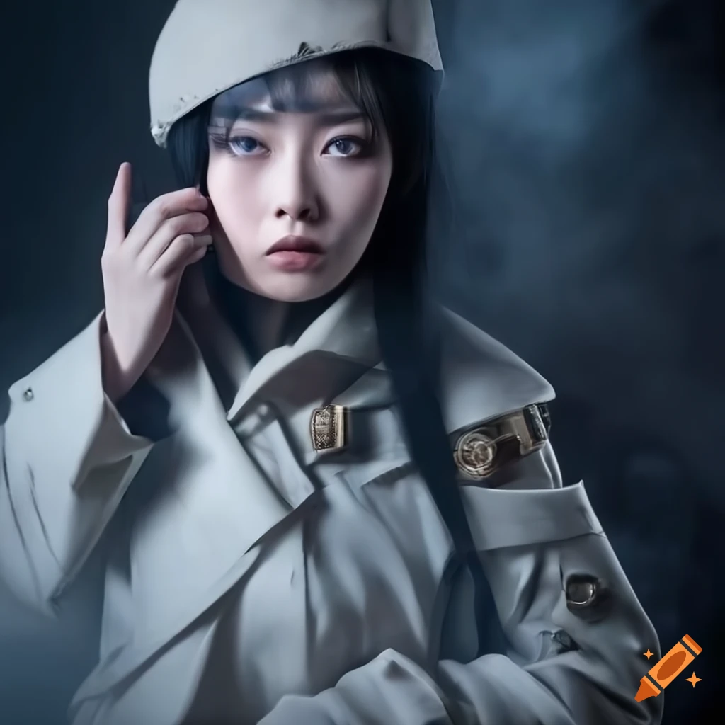 Asian Russian Female Detective In Futuristic Trenchcoat Surrounded By White Smoke On Craiyon 