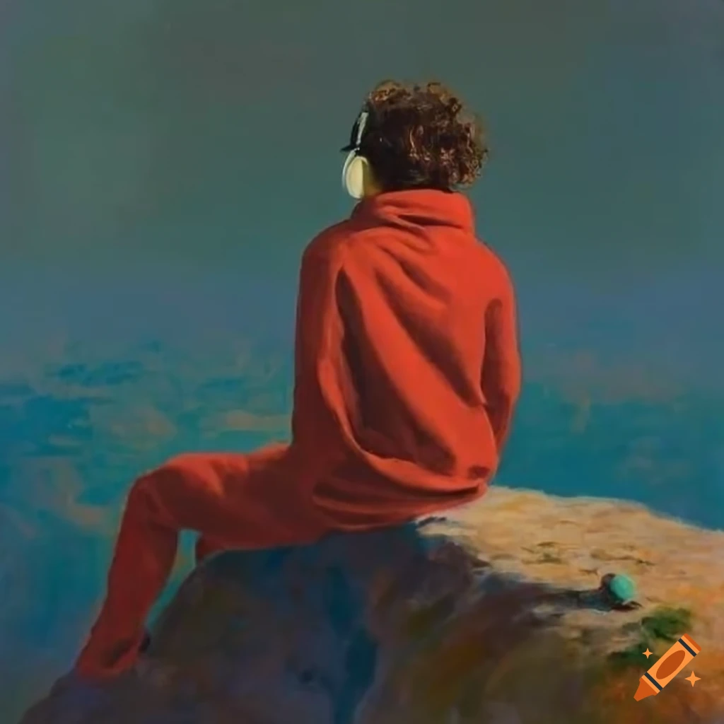 Young man with curly undercut hairstyle wearing headphones, sitting on a cliff