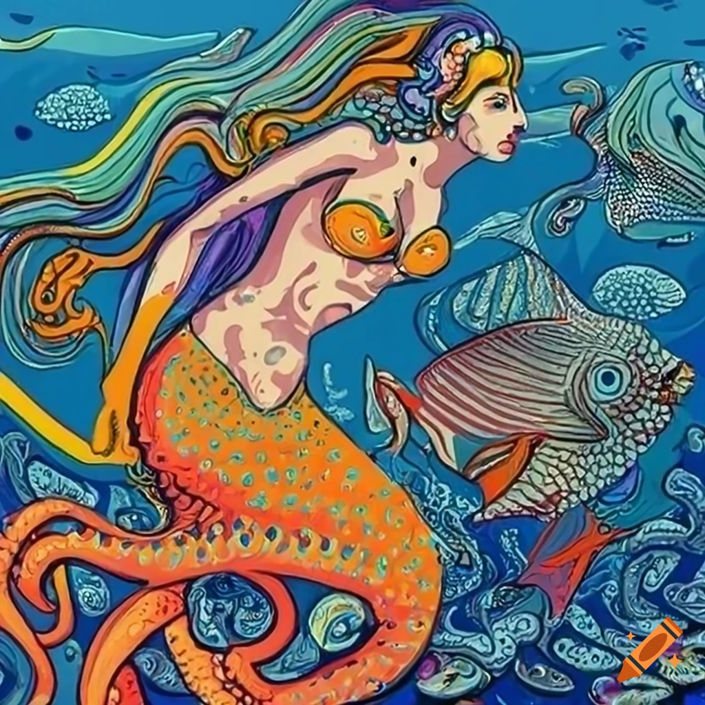 Medieval mermaid swimming in ocean with colorful fish and octopus in Lichtenstein style