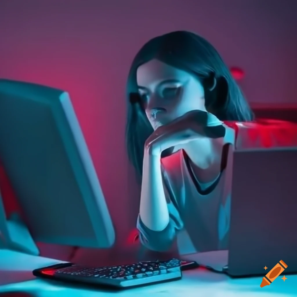 Computer coder working at desk in dim red lighting on Craiyon