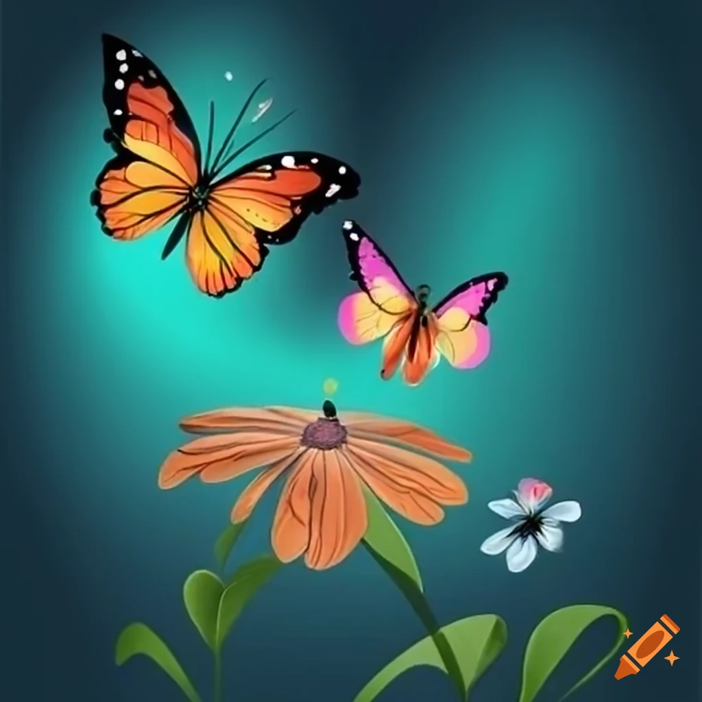 Butterflies flying around flowers in a garden on Craiyon