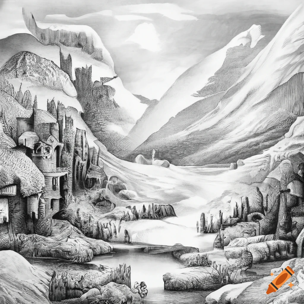Esquisse crayon or black and white engraving of a surrealistic nature ...
