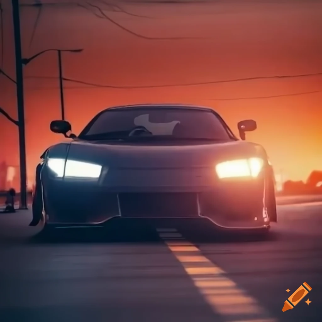 Japanese sports car drifting on an urban road at sunset
