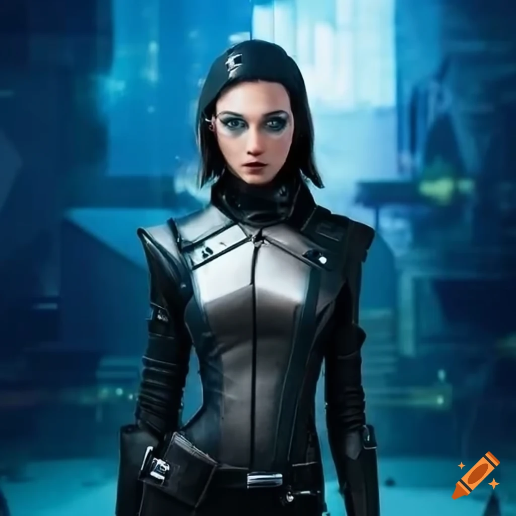 Female spy with cybernetic enhancements in futuristic attire in a captivating landscape