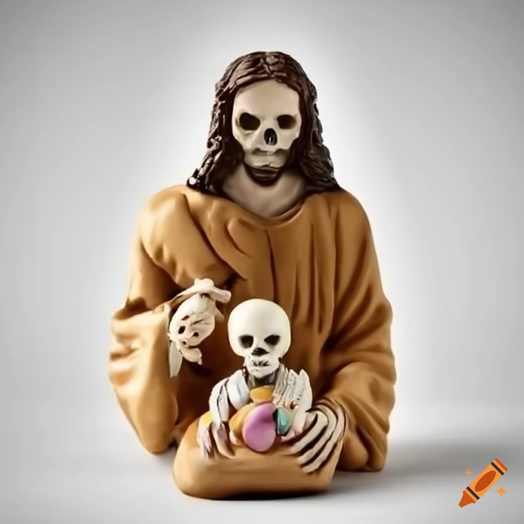 Skeleton Jesus with easter eggs in claymation