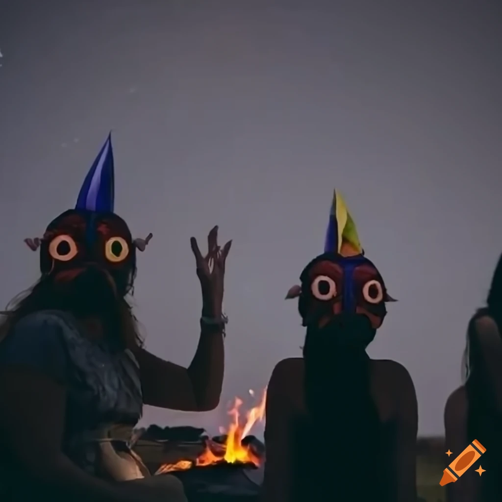 People with Majora's Mask around a campfire gazing at the night sky