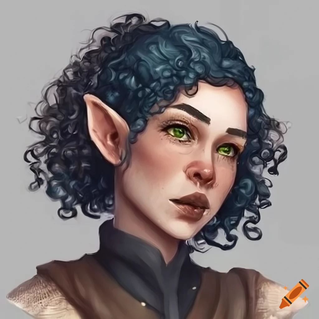 Curly Elf Half-elf female with dark curly hair, light eyes, and freckles on Craiyon