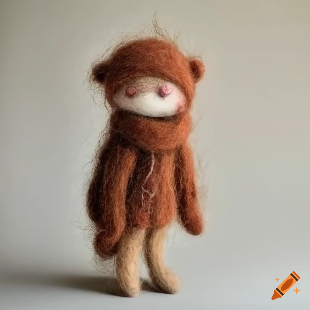 Felted wool creature in cozy clothing scene made of felted wool