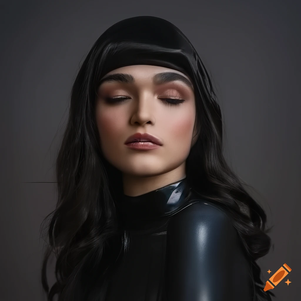 Portrait of Rachel Zegler in black latex top with dramatic lighting