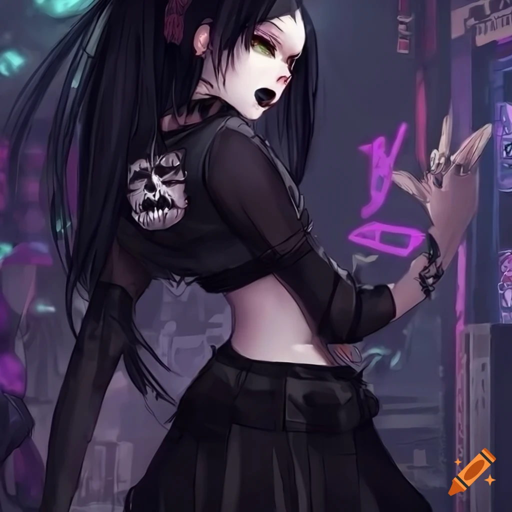 Gothic cyberpunk anime character with eye patch, black t-shirt, and long skirt