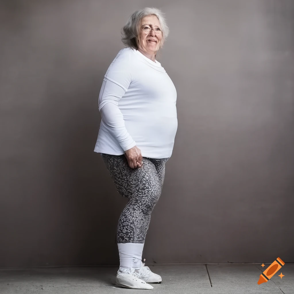 Stylish elderly woman wearing gray leggings and white socks on Craiyon