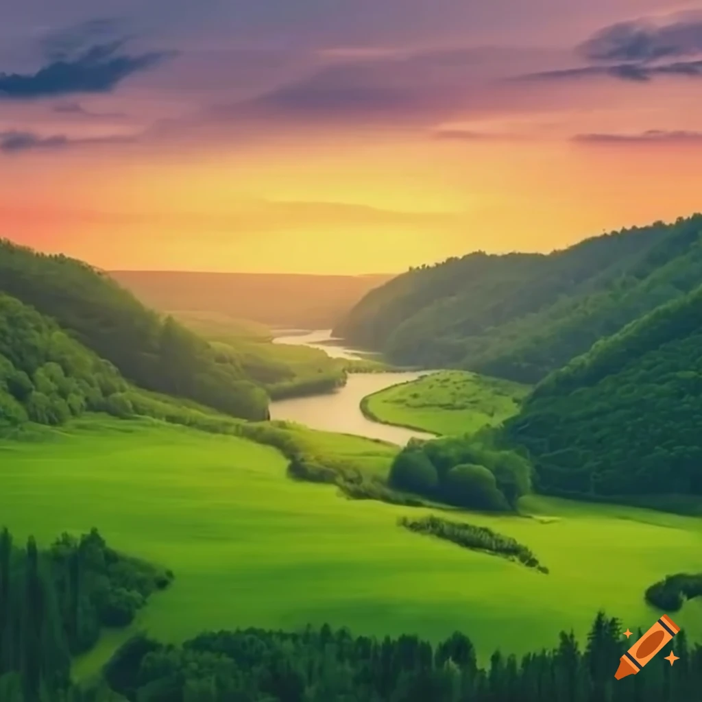 Serene landscape with winding river through green hills under a soft ...