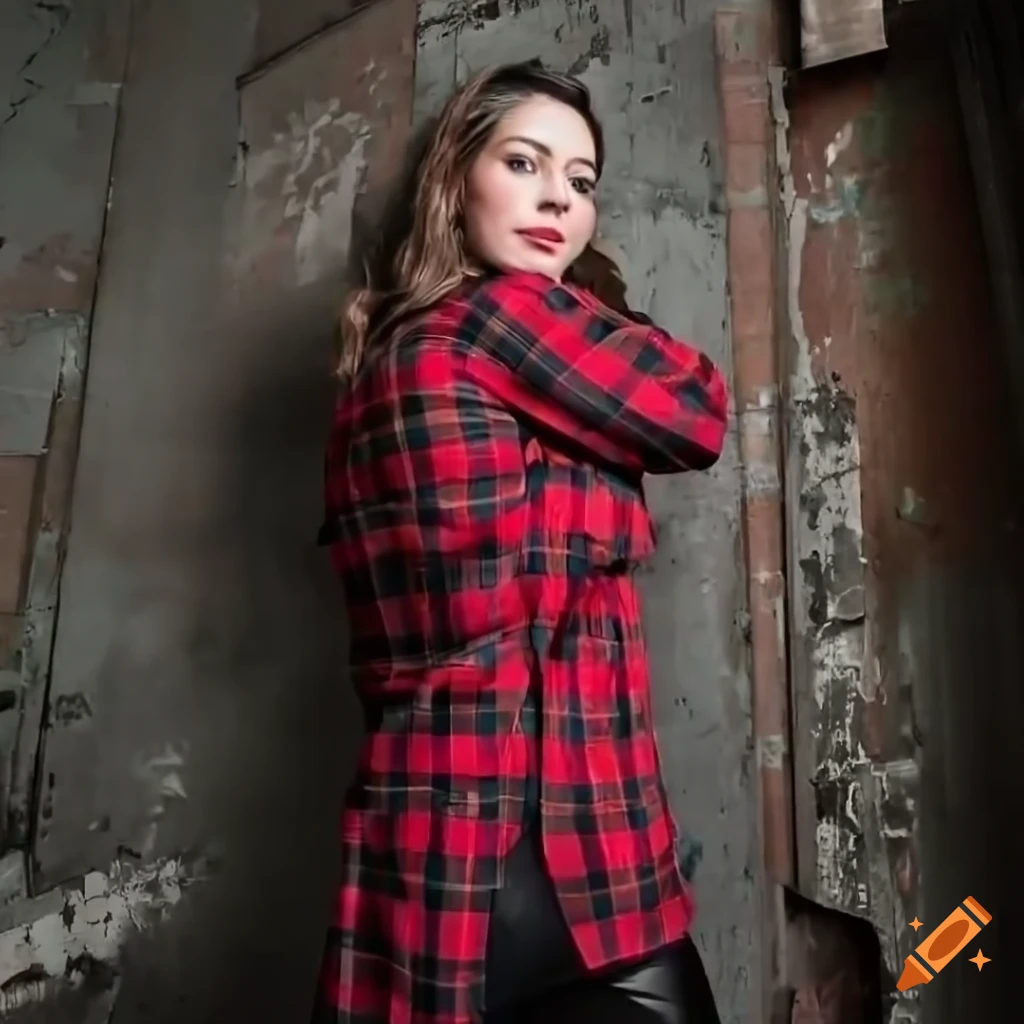 Young woman in red plaid shirt and black leather trousers peeking through derelict building door