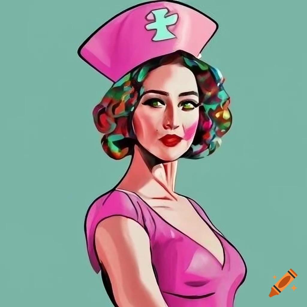 Nice nurse in pink dress in pop art style