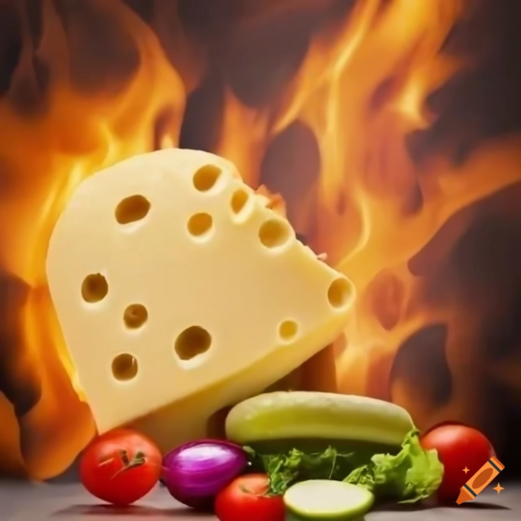 Explosion of cheese, pickles, lettuce, tomato, onion, and buns against fiery backdrop