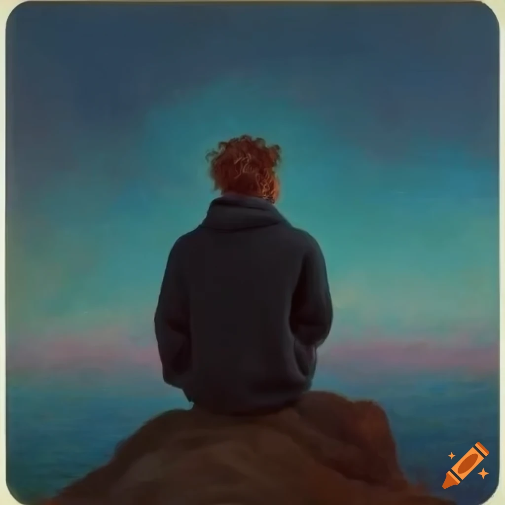 Young man with curly undercut hairstyle wearing headphones, sitting on a cliff
