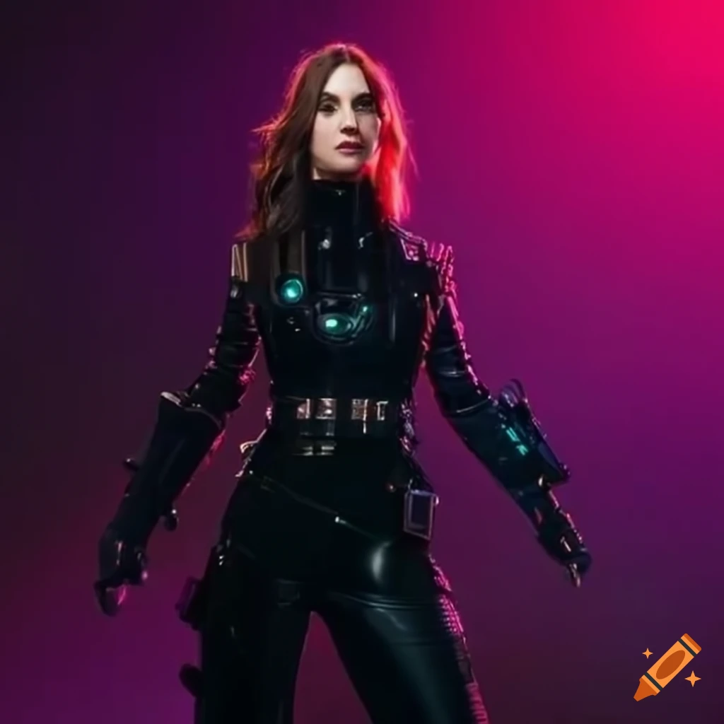 Female spy with cybernetic enhancements in futuristic attire in a captivating landscape