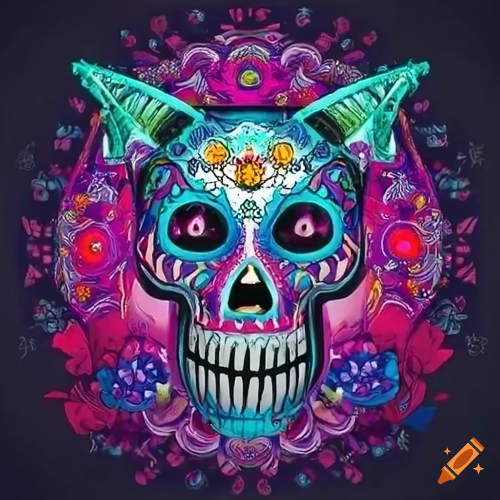 Vibrant day of the dead artwork with a skeletal wolf on Craiyon