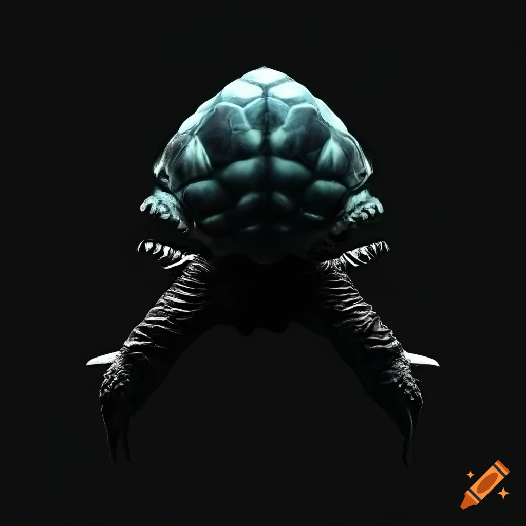 Black turtle model with shadows and logo in background