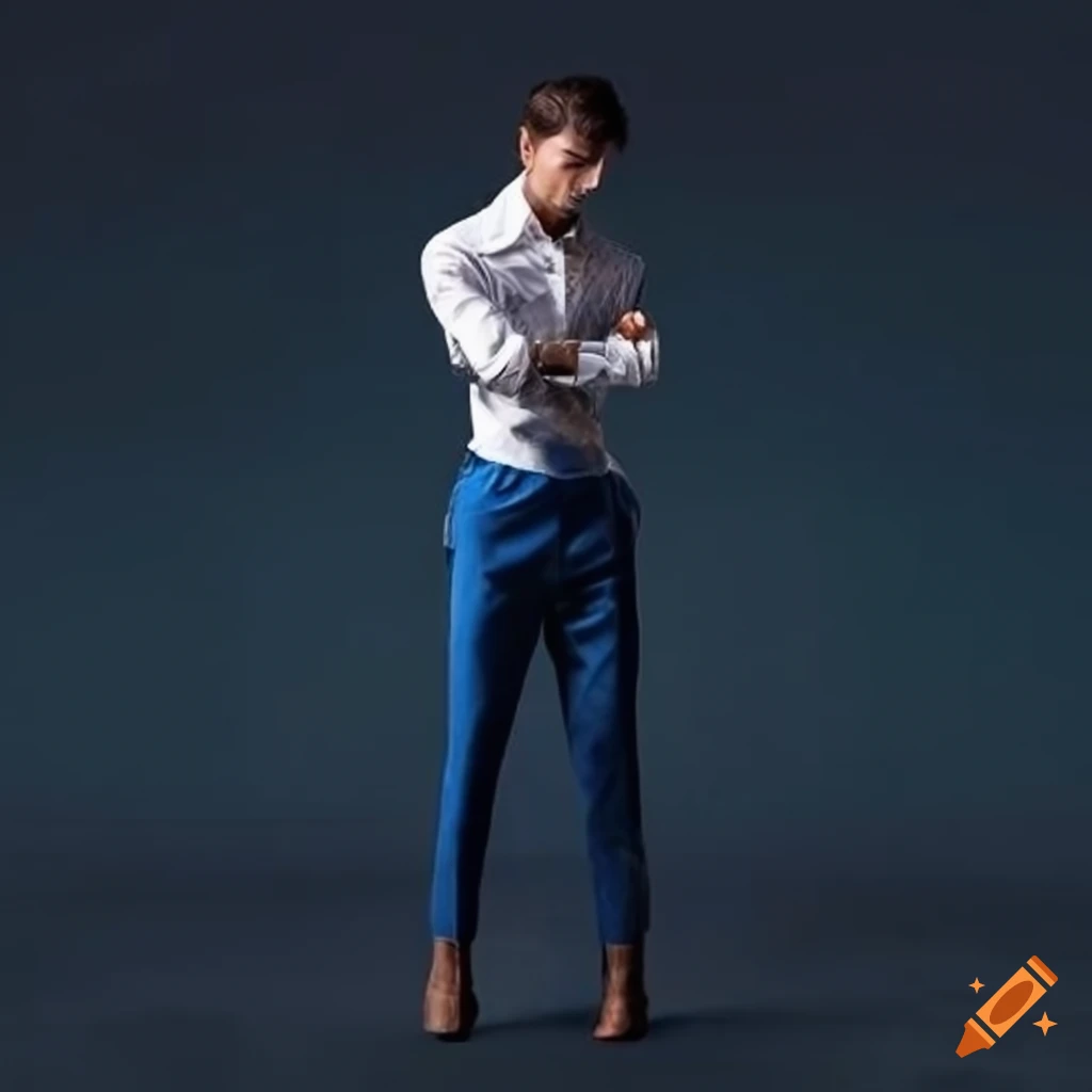 Elegant man's outfit with blue trousers and white dress shirt, accessorized with gold rings for a midnight dance