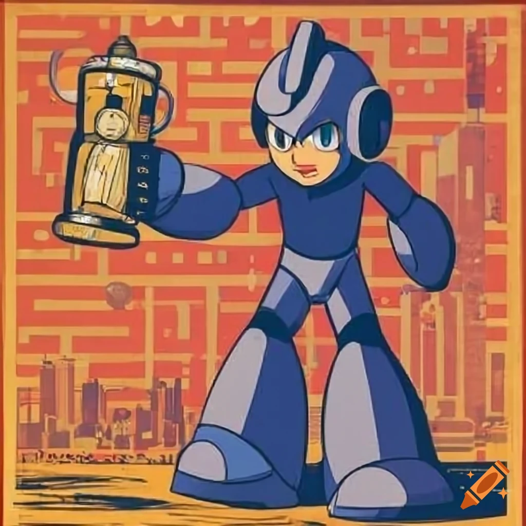 Vintage style poster of Iris from Mega Man with beer in a city setting