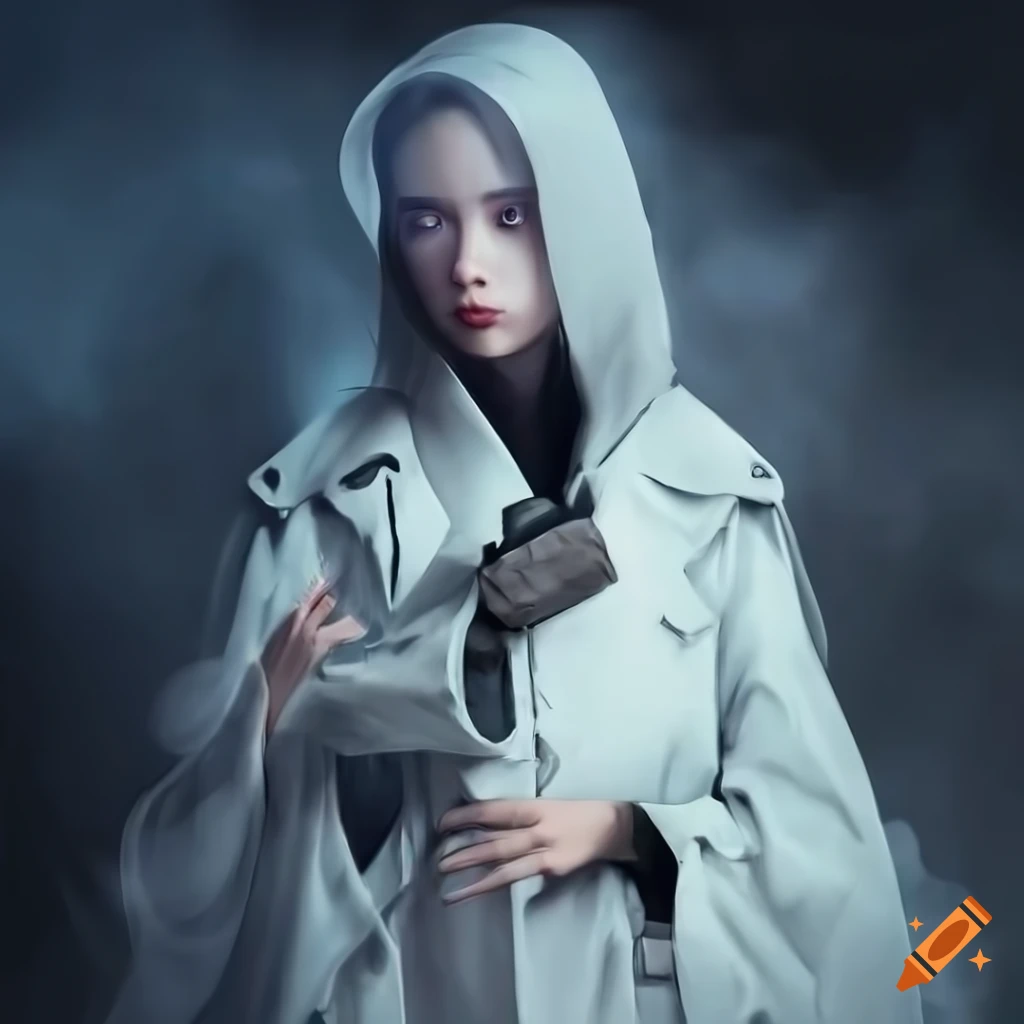 Futuristic Asian Russian Female Detective In A White Trenchcoat With Grey Eyes Black Hair And 