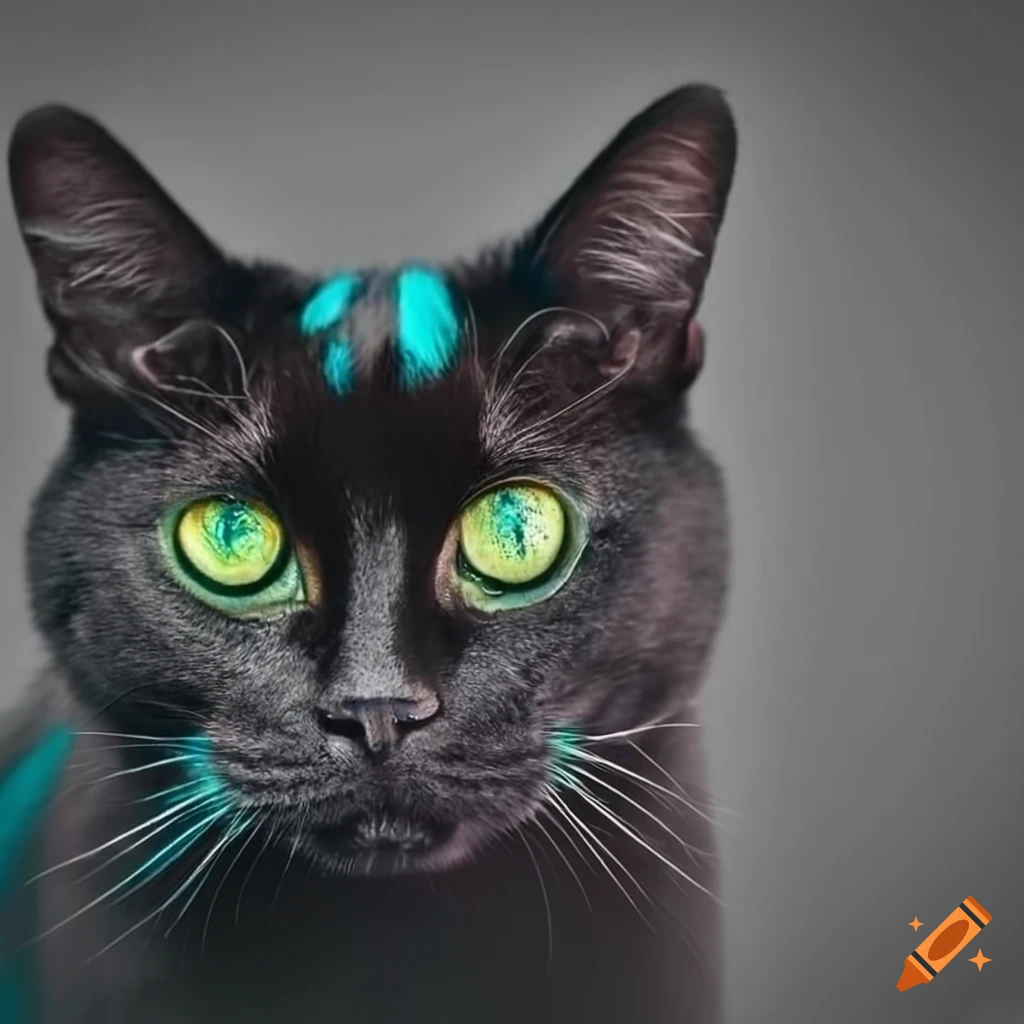 Stunning black cat with turquoise stripes and green eyes