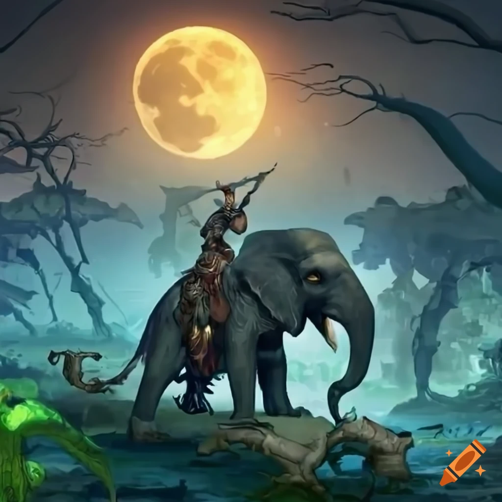 Silver-scaled Dragonborn hero riding an elephant in a jungle under a full moon with a sword